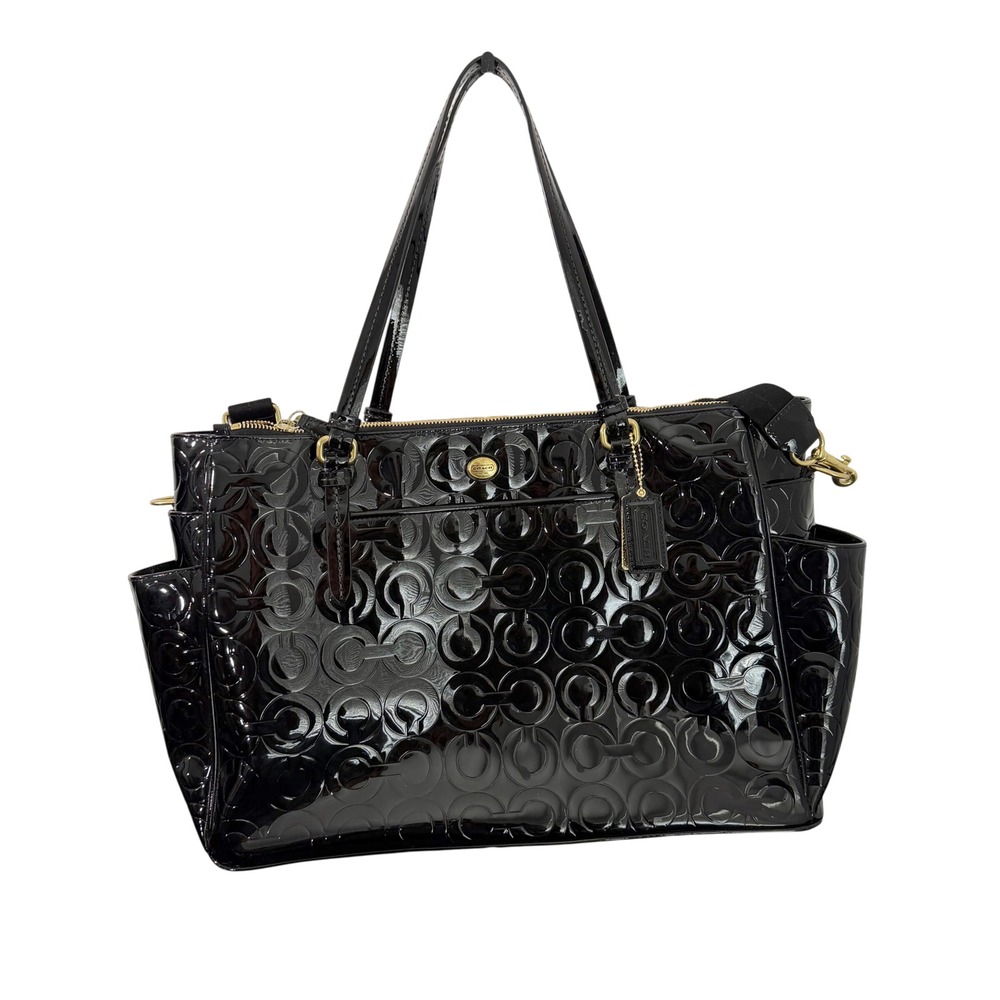 Coach Peyton Op Art Embossed Patent Multifunction Tote F26030 Black Diaper Bag